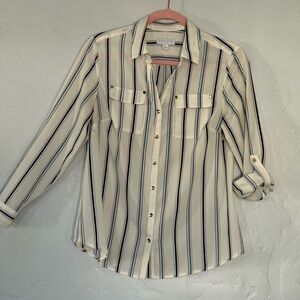 Charter Club Cream and Blue Striped Blouse (A15)
